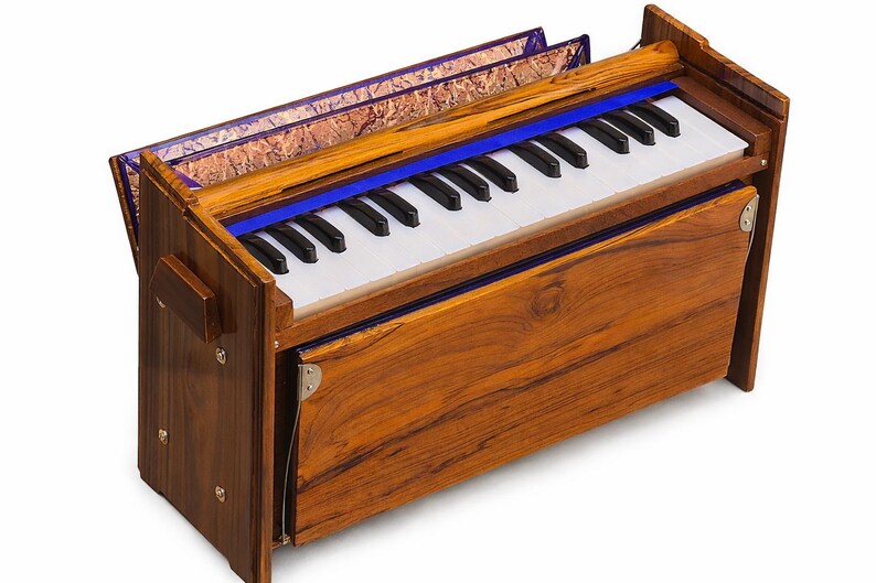 Pode incluir: Um harm&ocirc;nio de madeira com um teclado de teclas pretas e brancas. O instrumento tem um acabamento marrom rico com um detalhe azul ao longo do teclado. Os pain&eacute;is superiores s&atilde;o decorados com um design padronizado.