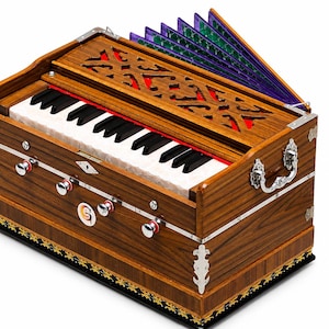 May include: A wooden harmonium featuring a brown grain finish, a keyboard with white and black keys, and silver metal hardware. The instrument includes a bellows system with purple and green patterned fabric, decorative cutouts, and knobs.