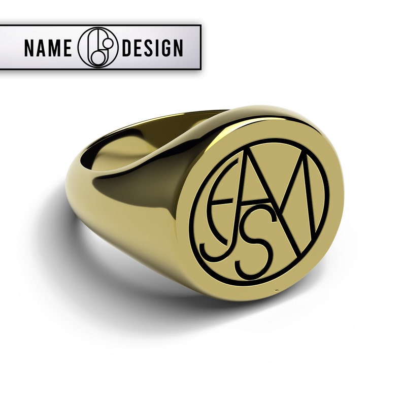 gold color ring with name logo