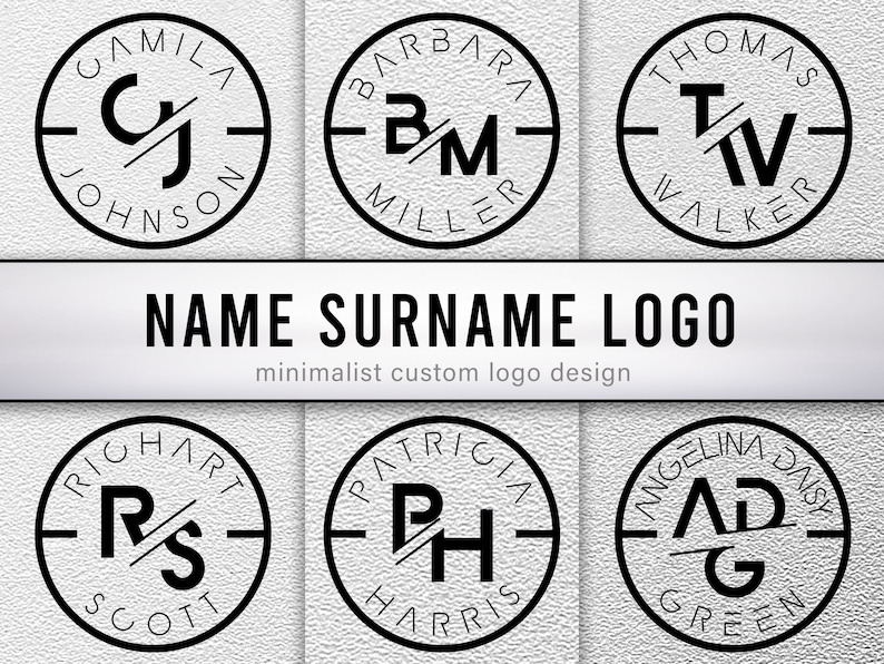 Custom Name logo, in the image; The names camila johnson, barbara miller, thomas walker, richart scott, patricia harris and angelina daisy green are designed as sample logos. The name logo is inside the circle shape.