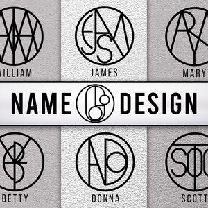 Custom Name logo, in the image; The names willam, James, mary, betty, donna and scott are designed as sample logos. The name logo is inside the circle shape, the names are designed geometrically.