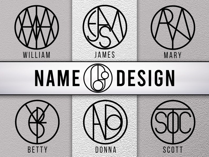Custom Name logo, in the image; The names willam, James, mary, betty, donna and scott are designed as sample logos. The name logo is inside the circle shape, the names are designed geometrically.