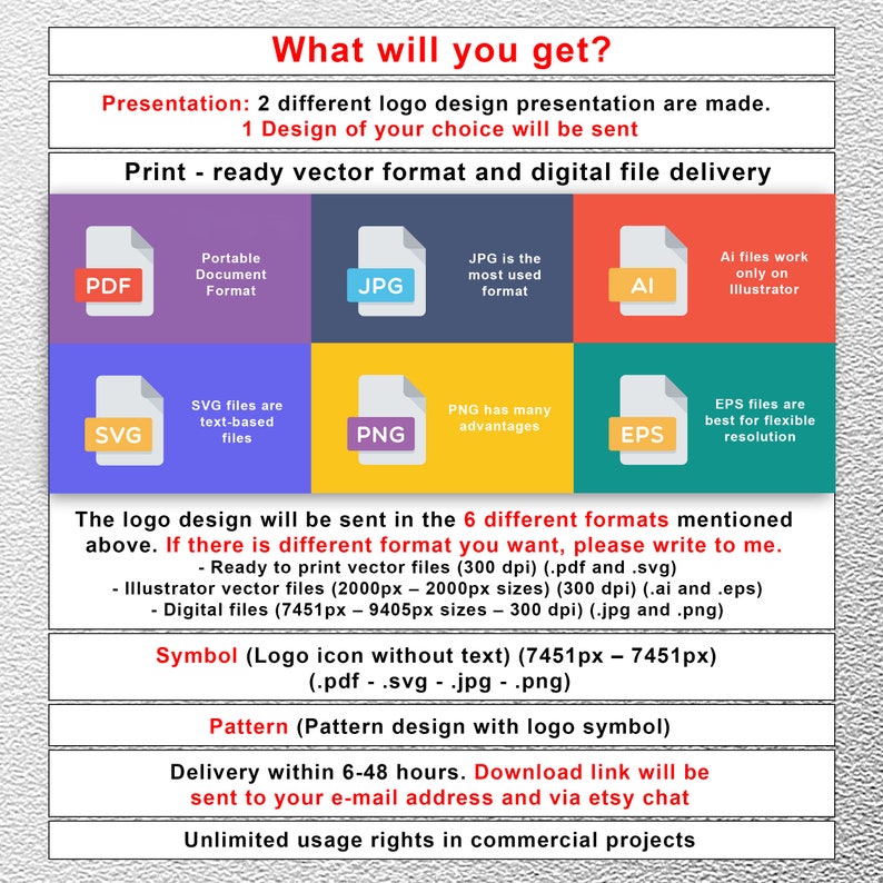 What will you get? Name Logo Design Folder (11 Files); Ready to print vector files, Illustrator vector files, Digital files, Symbol, Pattern.