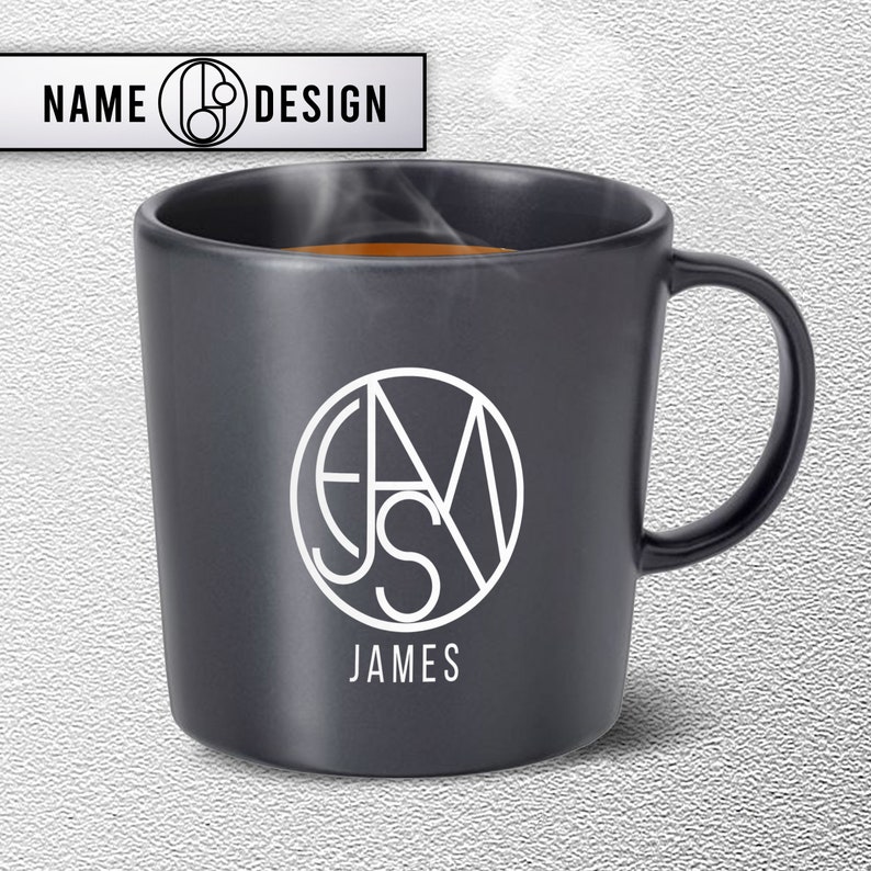 Printed on gray rustic mug, custom design for james name logo mug cup