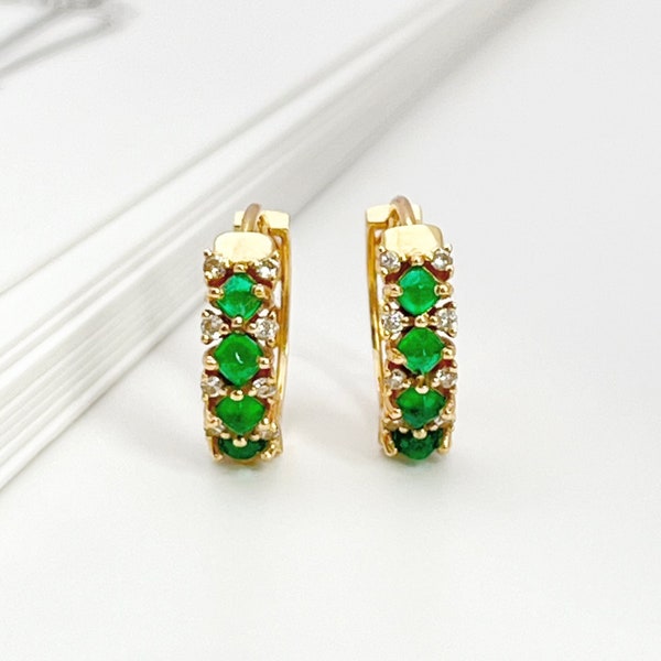 18K Solid Gold Genuine Vivid Green Emerald Huggie Hoop Earrings, Real Natural Emerald & Diamond Huggies, May Birthstone Gift