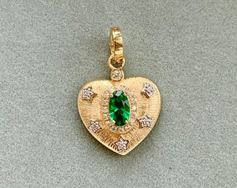 14K Solid Gold Brushed Gold Heart Shaped Green Gem Pendant Charm (NECKLACE NOT INCLUDED), Solid Gold Heart & Star Pendant