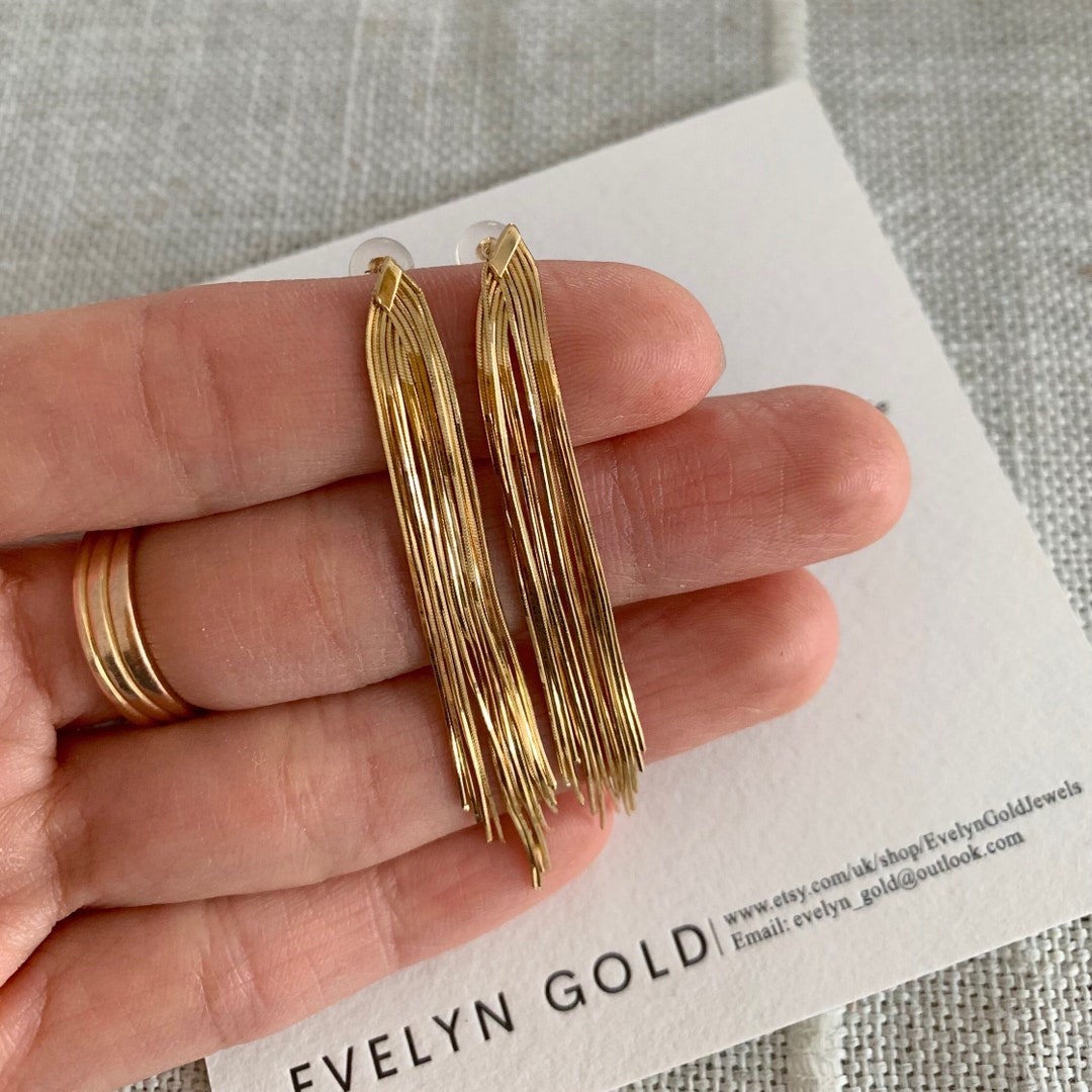 18K Solid Gold Snake Chain Tassel Fringe Earrings, Long Snake