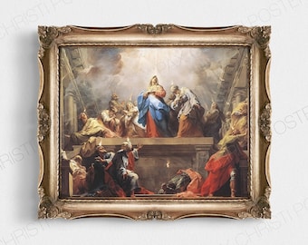 May include: A framed painting depicting a religious scene with a group of people gathered around a woman in a blue robe. The woman is surrounded by a golden light and appears to be ascending into the sky. The painting is set against a backdrop of clouds and a cityscape.