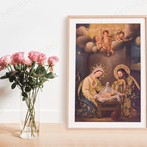 Sainte Famille à la Nativité IMPRESSION NUMÉRIQUE - Décor mural catholique de différentes tailles - Imprimable catholique - Avent catholique / Noël / Épiphanie
