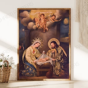 Holy Family at the Nativity MATTE POSTER - Catholic Wall Decor in 11x14 AND 12x16 - Liturgical Poster - Advent/Christmas/Epiphany