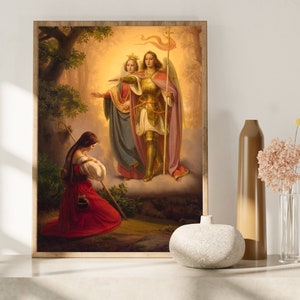 St. Joan of Arc with Sts. Michael & Catherine, Digital Print - Catholic Saint Wall Decor in Various Sizes - Catholic Printable Gifts