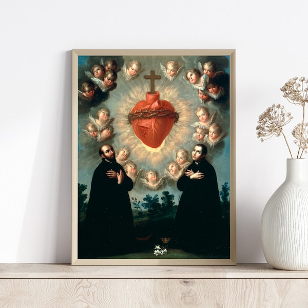 Sacred Heart Digital Print - Catholic Saint Wall Decor in Various Sizes - Saint Ignatius of Loyola and Saint Louis Gonzaga by José de Páez