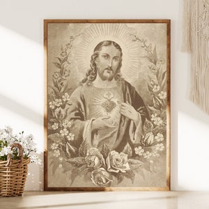 Vintage Sacred Heart of Jesus Digital Print - Printable Catholic Saint Wall Decor in Various Sizes