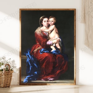 May include: A painting depicting the Virgin Mary holding baby Jesus. Mary is dressed in a red robe and a blue cloak. Jesus is wearing a white cloth. The painting has a dark background.