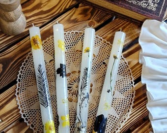 Handmade stick candles with dried flowers – Romantic table candles for special occasions, rustic candles, boho candles, unique
