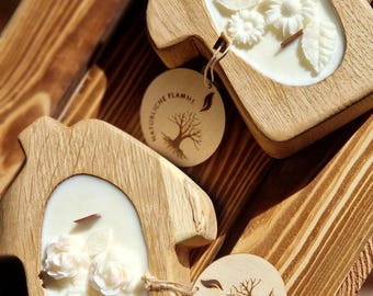 Handgemachte Sojawachskerze im Eichenholz-Tannenbaumgehäuse | Nachhaltiges Weihnachtsgeschenk | Elegante Holzkerze für Festtage