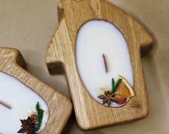 Handgemachte Sojawachskerze im Eichenholz-Tannenbaumgehäuse | Nachhaltiges Weihnachtsgeschenk | Elegante Holzkerze für Festtage