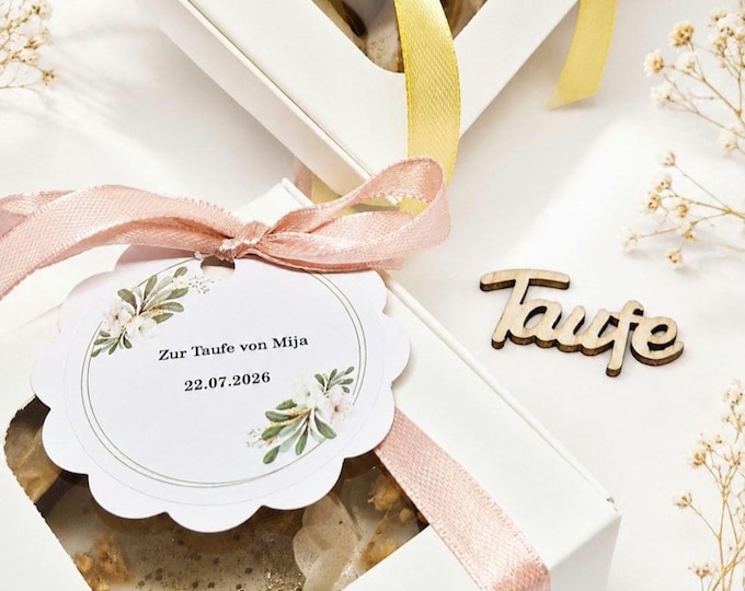Personalized christening favors – scented tags with dried flowers, from 10 pieces