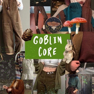 Puede incluir: Un collage de im&aacute;genes que muestran una est&eacute;tica goblincore. Las im&aacute;genes presentan prendas de vestir como un mono de pana marr&oacute;n, un su&eacute;ter marr&oacute;n y pantalones verdes. Tambi&eacute;n hay im&aacute;genes de hongos, una pi&ntilde;a y un conejo de peluche. El texto "Goblin Core" aparece en el centro del collage.