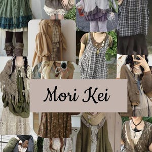 May include: A collage of Mori Kei fashion outfits. The outfits feature dresses, blouses, cardigans, and skirts in earthy tones like olive green, brown, and beige. Some outfits include lace, ruffles, and crochet details. The text "Mori Kei" is displayed in a cursive font.