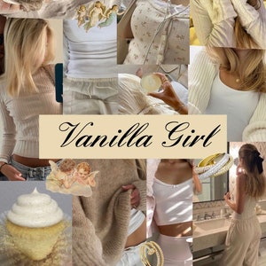 May include: A collage of images featuring a variety of clothing items in shades of white and cream, including sweaters, cardigans, tank tops, and jeans. The text "Vanilla Girl" is featured in the center of the collage.
