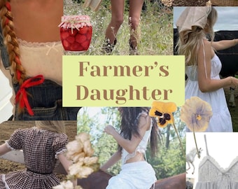 May include: A collage featuring a variety of images with a rustic, pastoral theme. It includes red and white mushrooms, a jar of strawberries, and people in white and floral clothing. The text "Farmer's Daughter" is displayed.