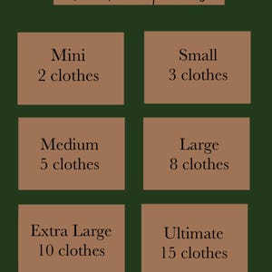 Puede incluir: Un gr&aacute;fico que muestra diferentes opciones de paquetes de ropa. Las opciones son Mini (2 prendas), Peque&ntilde;o (3 prendas), Mediano (5 prendas), Grande (8 prendas), Extra Grande (10 prendas) y Ultimate (15 prendas).