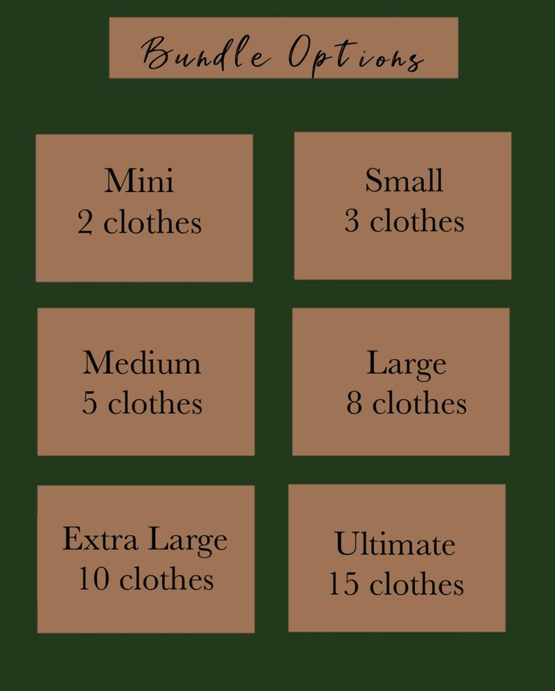 Puede incluir: Un gr&aacute;fico que muestra diferentes opciones de paquetes de ropa. Las opciones son Mini (2 prendas), Peque&ntilde;o (3 prendas), Mediano (5 prendas), Grande (8 prendas), Extra Grande (10 prendas) y Ultimate (15 prendas).