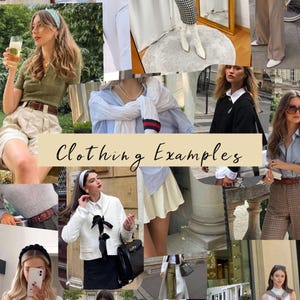 Pu&ograve; includere: Un collage di vari esempi di abbigliamento, che mostra diversi stili. Sono presenti una maglia a righe, una gonna, un maglione, pantaloncini e pantaloni. Il testo "Clothing Examples" &egrave; incluso.