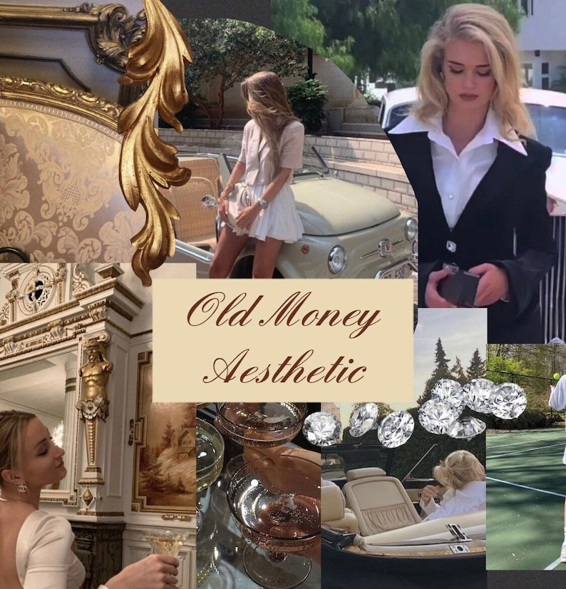 Pu&ograve; includere: Un collage con il tema "Old Money Aesthetic". Presenta immagini di oggetti di lusso, tra cui un'auto d'epoca, diamanti, calici di champagne e abiti eleganti. La tavolozza dei colori &egrave; neutra con accenti dorati.