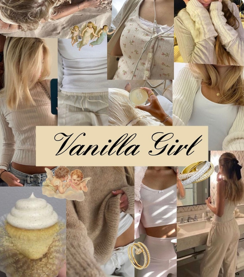 May include: A collage of images featuring a variety of clothing items in shades of white and cream, including sweaters, cardigans, tank tops, and jeans. The text "Vanilla Girl" is featured in the center of the collage.