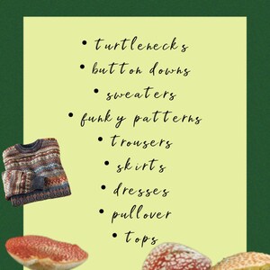 Puede incluir: Un gr&aacute;fico amarillo y verde con el texto "Bundles Include" y una lista de prendas de vestir: cuellos altos, camisas abotonadas, su&eacute;teres, patrones originales, pantalones, faldas, vestidos, jers&eacute;is y blusas. El gr&aacute;fico est&aacute; rodeado de setas rojas y blancas.