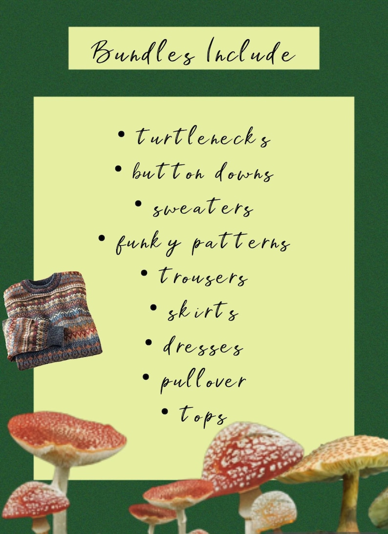 Puede incluir: Un gr&aacute;fico amarillo y verde con el texto "Bundles Include" y una lista de prendas de vestir: cuellos altos, camisas abotonadas, su&eacute;teres, patrones originales, pantalones, faldas, vestidos, jers&eacute;is y blusas. El gr&aacute;fico est&aacute; rodeado de setas rojas y blancas.