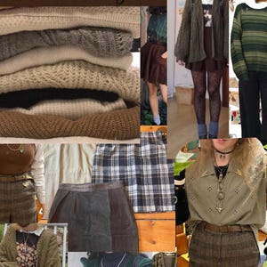 Puede incluir: Un collage de prendas de vestir, incluyendo su&eacute;teres, faldas, pantalones y camisas. La ropa es de varios colores y patrones, incluyendo marr&oacute;n, verde, negro y cuadros. La ropa est&aacute; dispuesta en un patr&oacute;n de cuadr&iacute;cula, con cada art&iacute;culo ocupando un espacio cuadrado. El texto "Ejemplos de ropa" est&aacute; en la parte superior del collage.