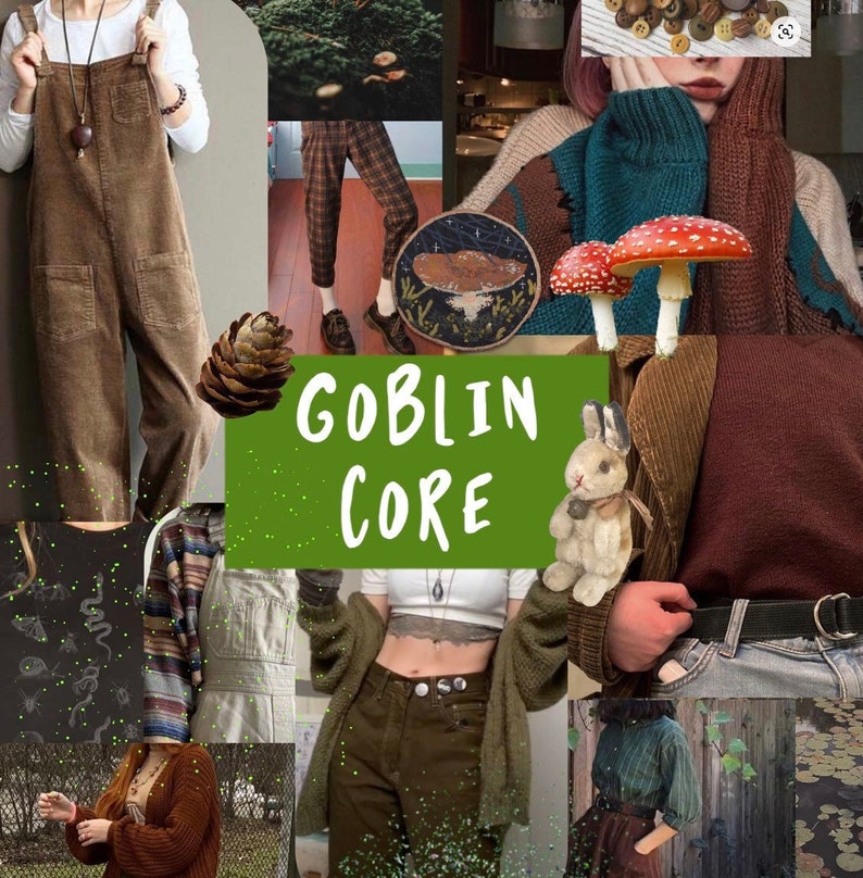 Puede incluir: Un collage de im&aacute;genes que muestran una est&eacute;tica goblincore. Las im&aacute;genes presentan prendas de vestir como un mono de pana marr&oacute;n, un su&eacute;ter marr&oacute;n y pantalones verdes. Tambi&eacute;n hay im&aacute;genes de hongos, una pi&ntilde;a y un conejo de peluche. El texto "Goblin Core" aparece en el centro del collage.