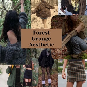 May include: A collage of images showcasing a forest grunge aesthetic. The images feature people wearing various clothing items, including a brown jacket, a black skirt, a plaid skirt, and a grey sweater. The images are set in a forest environment with trees, leaves, and moss.