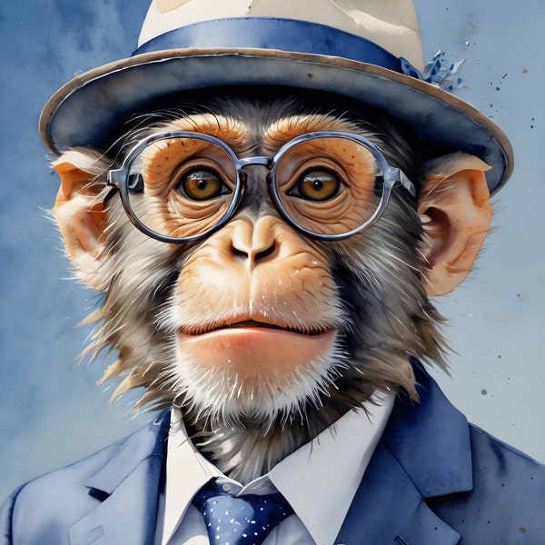 Wall Art, Monkey Art - Monkey Wearing Suit - Poster - Framed Poster - Gallery Wrapped Canvas - All Available in Various Sizes