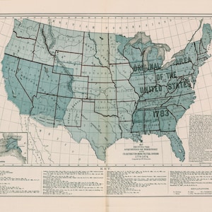 Pode incluir: Um mapa vintage dos Estados Unidos, mostrando a aquisição de território e sua distribuição entre as divisões políticas de 1779-1874. O mapa é em tons de azul e castanho, com texto e linhas de grade.