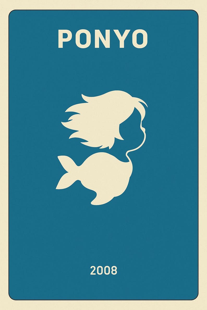 Puede incluir: Un p&oacute;ster con fondo azul y borde crema. La palabra "PONYO" est&aacute; en la parte superior. Debajo, una ilustraci&oacute;n crema de una ni&ntilde;a con cabello suelto y cola de pez. El n&uacute;mero "2008" est&aacute; en la parte inferior.