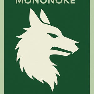 Puede incluir: Un p&oacute;ster con fondo verde y una ilustraci&oacute;n blanca de la cabeza de un lobo. El texto "PRINCESS MONONOKE" est&aacute; en la parte superior y el a&ntilde;o "1997" en la inferior. El dise&ntilde;o es minimalista y gr&aacute;fico.