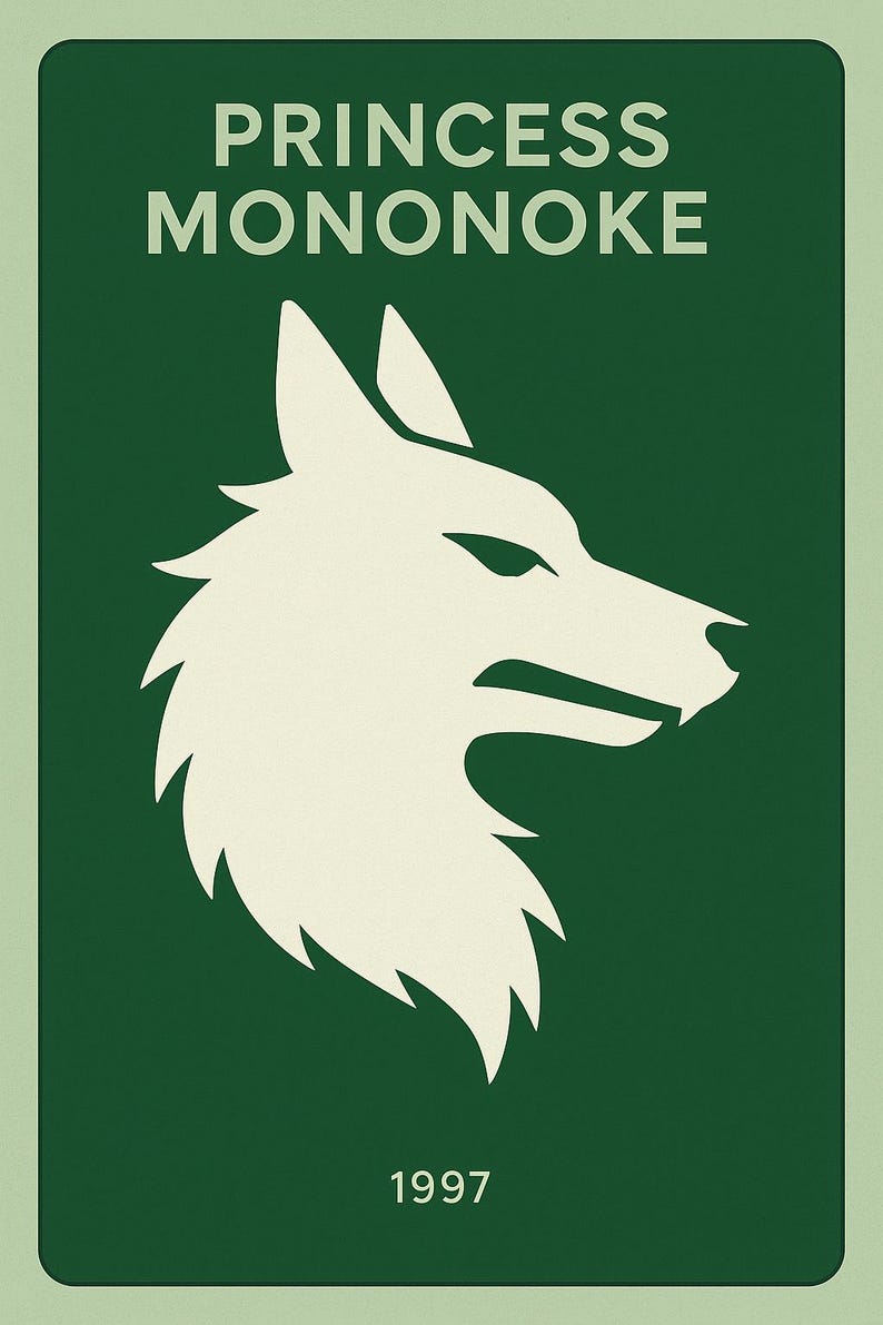 Puede incluir: Un p&oacute;ster con fondo verde y una ilustraci&oacute;n blanca de la cabeza de un lobo. El texto "PRINCESS MONONOKE" est&aacute; en la parte superior y el a&ntilde;o "1997" en la inferior. El dise&ntilde;o es minimalista y gr&aacute;fico.