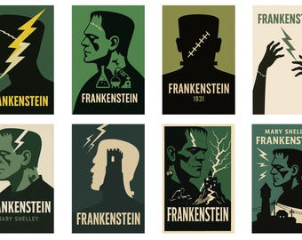 May include: A set of vintage-style posters featuring Frankenstein. Each poster has a different design, with illustrations of the monster, lightning bolts, and the word "Frankenstein" in various fonts and colours, including green, black, and yellow.