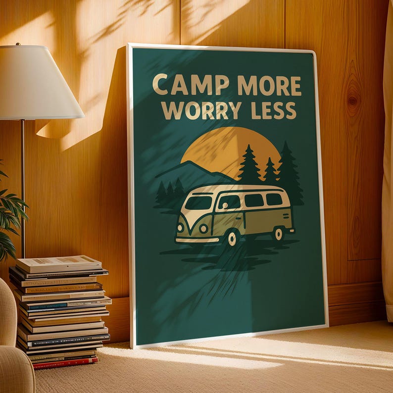 May include: A framed poster with the text "CAMP MORE WORRY LESS" in gold lettering. The illustration features a vintage camper van, a setting sun, and pine trees against a dark teal background. The poster is displayed in a room with a wooden wall.