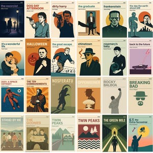 May include: A set of 24 film posters, each with a minimalist design. The posters display titles, years, and illustrations. Titles include "Dog Day Afternoon," "The Graduate," "Rocky Balboa," and "The Green Mile."