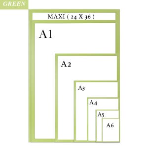 Może przedstawiać: Zielona oprawiona prezentacja format&oacute;w papieru, w tym A1, A2, A3, A4, A5 i A6, z rozmiarem &bdquo;MAXI&rdquo; 61 x 91 cm. Słowo &bdquo;GREEN&rdquo; znajduje się w lewym g&oacute;rnym rogu.