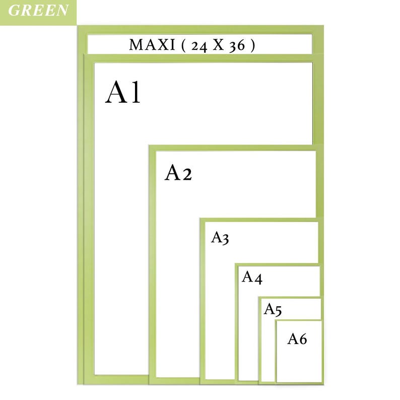 Może przedstawiać: Zielona oprawiona prezentacja format&oacute;w papieru, w tym A1, A2, A3, A4, A5 i A6, z rozmiarem &bdquo;MAXI&rdquo; 61 x 91 cm. Słowo &bdquo;GREEN&rdquo; znajduje się w lewym g&oacute;rnym rogu.