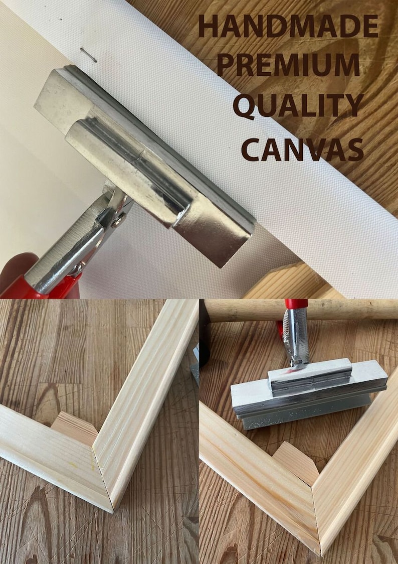 K&ouml;nnte beinhalten: Nahaufnahme eines zusammengesetzten Leinwandspannrahmens. Die Leinwand wird mit einem Werkzeug mit rotem Griff &uuml;ber den Holzrahmen gespannt. Der Text "HANDMADE PREMIUM QUALITY CANVAS" ist in der oberen rechten Ecke des Bildes sichtbar.