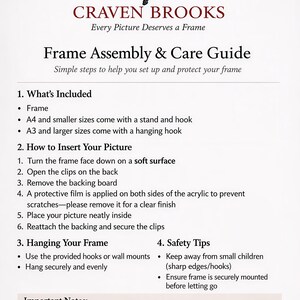 Może przedstawiać: Biały dokument informacyjny zatytułowany Frame Assembly & Care Guide firmy Craven Brooks. Zawiera logo konia oraz ponumerowane instrukcje dotyczące montażu ramki, wkładania zdjęć, metod wieszania oraz wskaz&oacute;wki dotyczące bezpieczeństwa.
