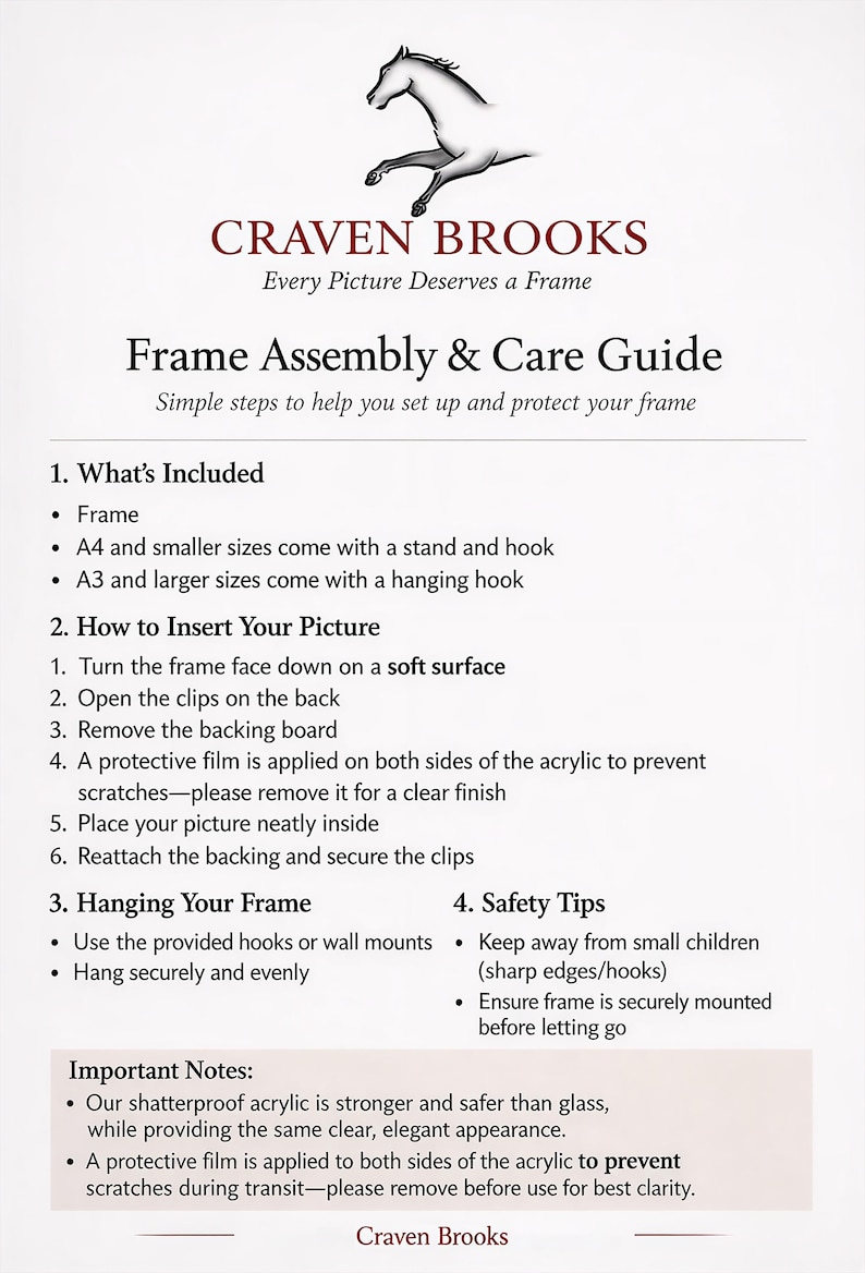 Może przedstawiać: Biały dokument informacyjny zatytułowany Frame Assembly & Care Guide firmy Craven Brooks. Zawiera logo konia oraz ponumerowane instrukcje dotyczące montażu ramki, wkładania zdjęć, metod wieszania oraz wskaz&oacute;wki dotyczące bezpieczeństwa.