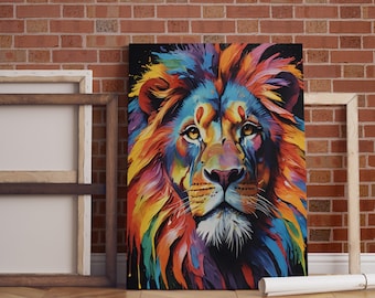 Op de afbeelding: Een kleurrijk abstract schilderij van een leeuwenkop. De manen van de leeuw zijn geschilderd in tinten rood, oranje, geel, groen, blauw en paars. De ogen van de leeuw zijn felgeel.